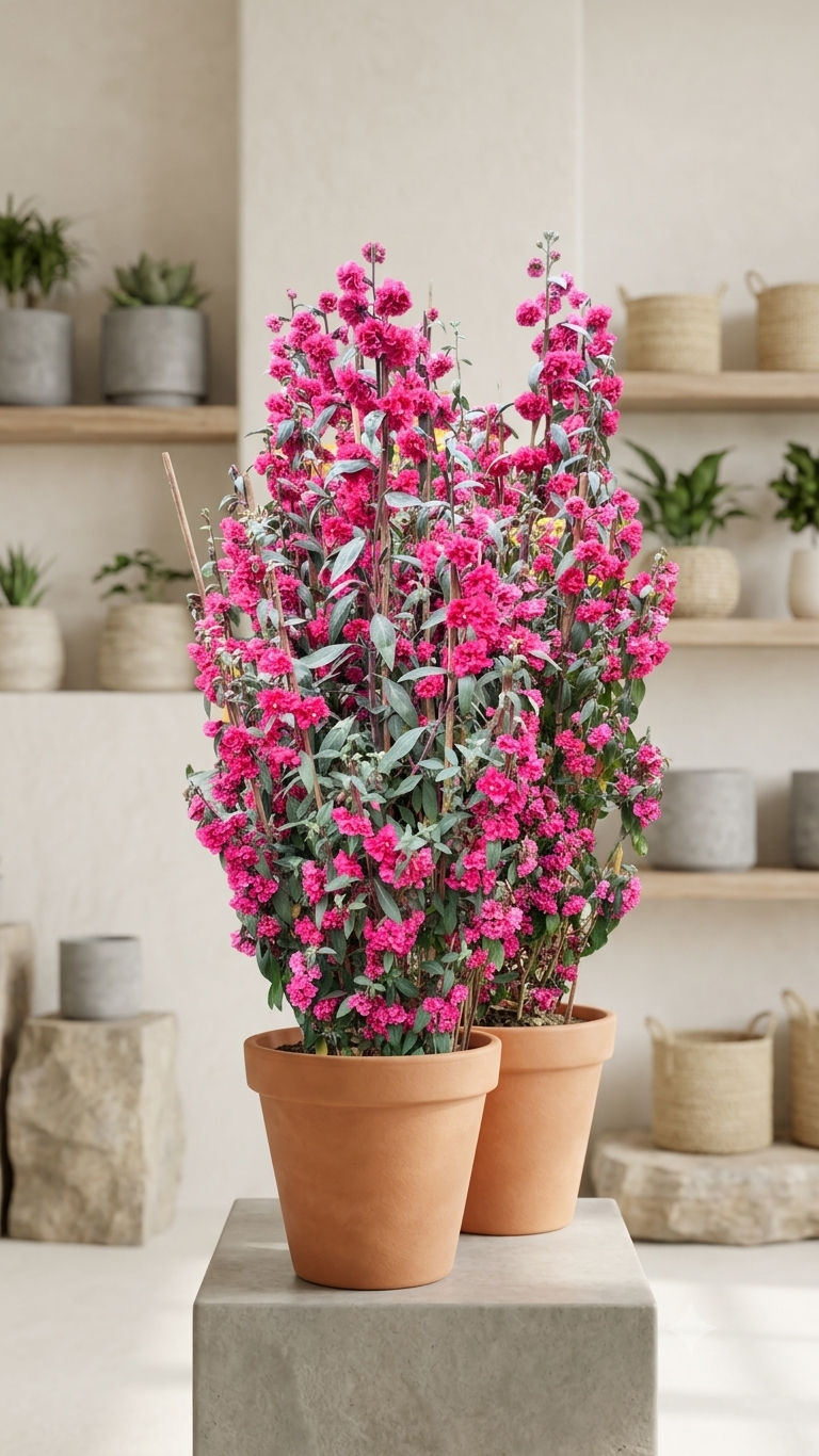 Magenta Stock (Matthiola) mature flowering appearance