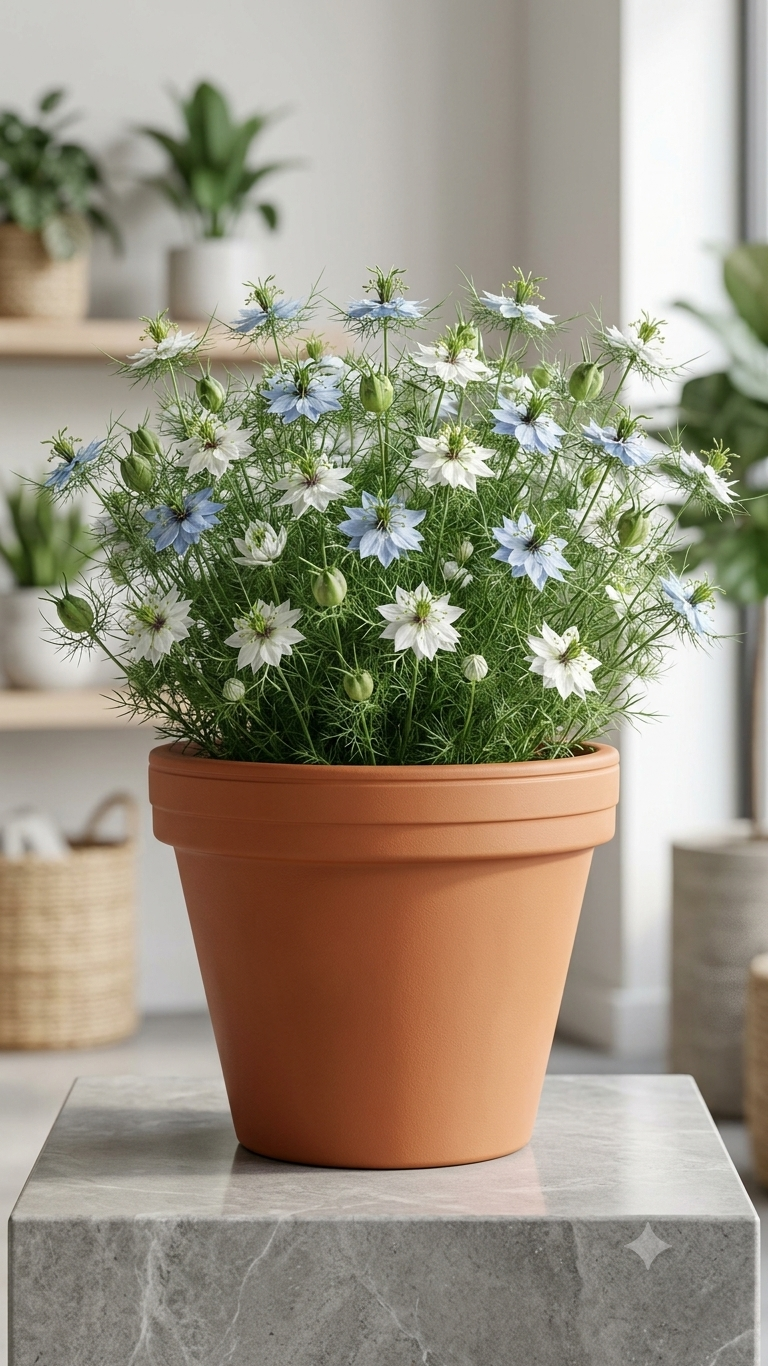 Love-in-a-Mist Nigella mature flowering appearance