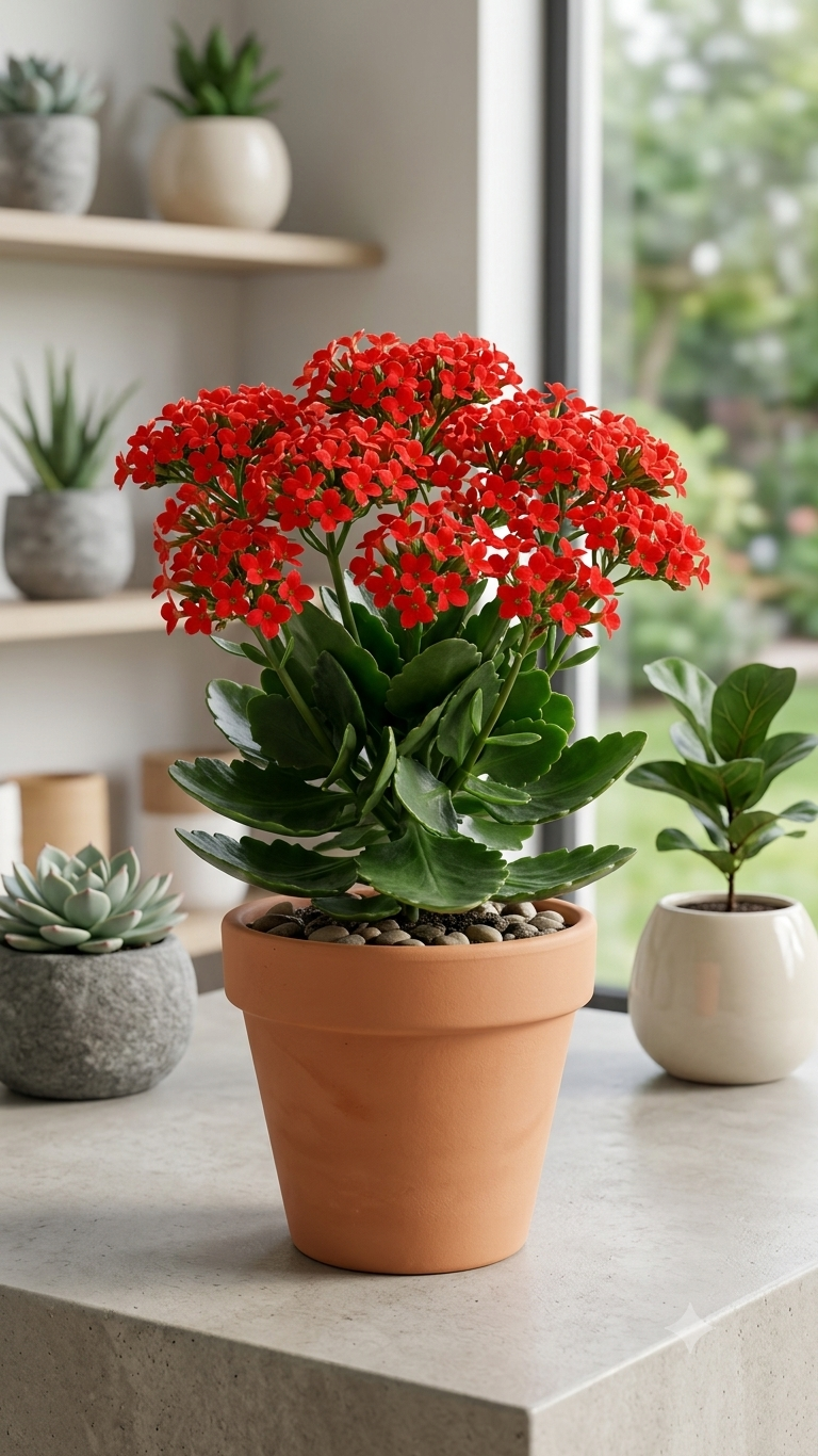 Flaming Katy Red Kalanchoe mature flowering appearance